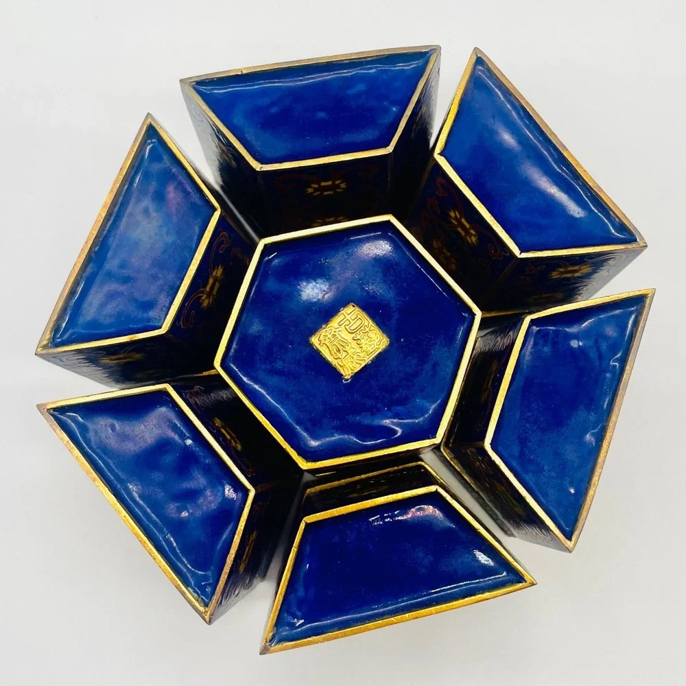 Peking‎ Jewelry Cloisonne Enamel 7-Piece Puzzle Trinket Box Set Blue Floral